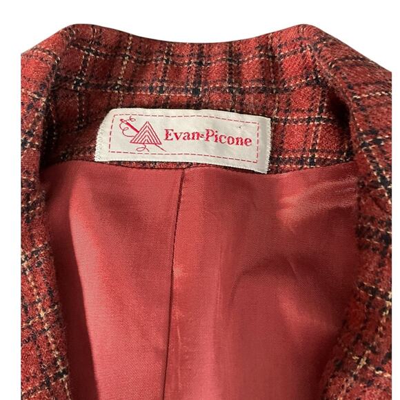 Vintage Evan Picone Red Plaid Tweed Blazer Jacket Shoulder Pad 2 Buttons No Size - Picture 5 of 11